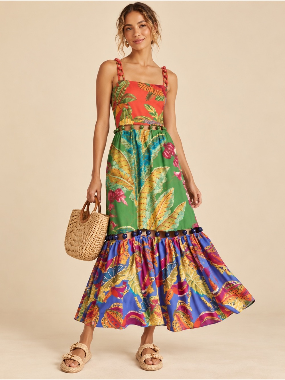 Farm Rio tropical botanical beaded dress square neck tiered ruffle hem midi maxi